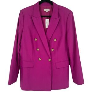 NWT LOFT Cotton Linen Double Breasted‎ Blazer Jacket Magenta Pink Size 14 Career